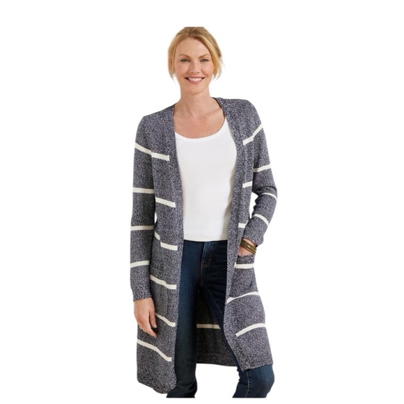 Talbots Gray White STRIPE MARLED DUSTER Open Front Cardigan Long Knit L - Picture 1 of 7